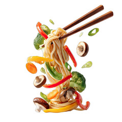 Vibrant noodles with vegetables, suspended in mid-air, being held by chopsticks