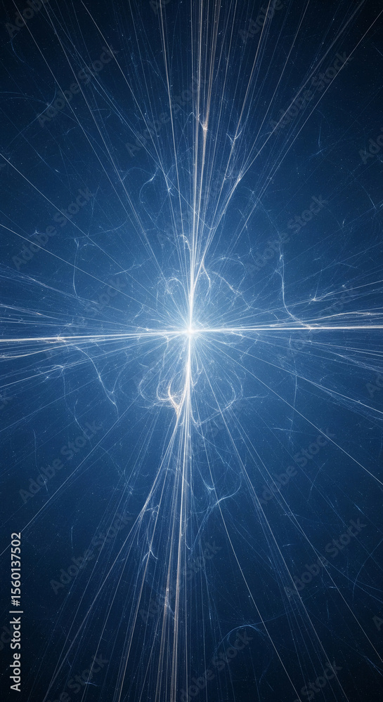 Poster abstract image featuring bright white lines radiating from a central point against a dark blue backg