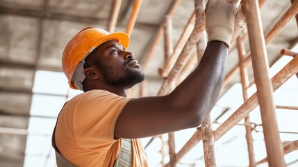 Construction worker adjusts scaffolding at a job site during daylight