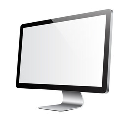 Sleek Modern Computer Monitor with Silver Stand and Blank White Screen Displayed at an Angle,...