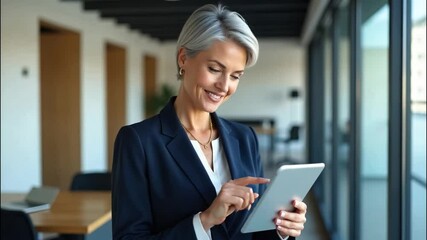 A woman taps on a tablet screen as sunlight streams through the office windows. - Powered by Adobe