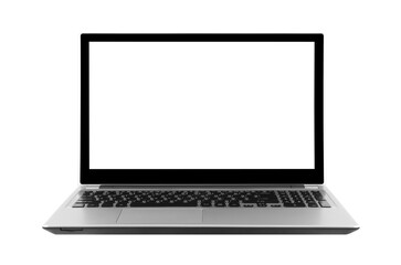 Modern Silver Laptop Computer with Blank White Screen Display, Keyboard, and Touchpad on a Clean...