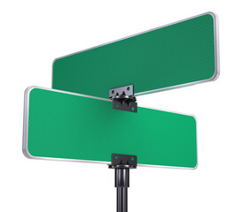 Two Green Street Sign Boards Mounted on a Black Pole, Providing Directional Information and Urban...