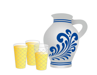 Ein Apfelwein Bembel und drei Gerippte: Tonkrug mit Gläsern, typisch in Hessen, freistehend, transparent ohne Hintergrund 