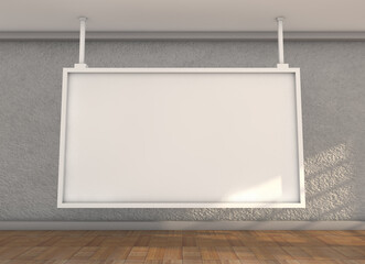 Blank White Square Frame Hanging from Ceiling in Room with Wood Floor and Textured Wall,...