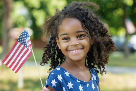 Smiling african american girl holding american flag in park celebrating independence day