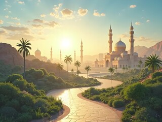 Futuristic Islamic cityscape in 2090, with golden domes, tall minarets made of glass and solar panels, flying electric carpets in the sky, AI-powered lanterns lighting the street, peaceful atmosphere,