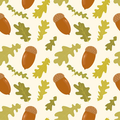 Seamless pattern with acorns and oak leaves. Vector autumn background.