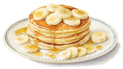 Watercolor Illustration of Stacked Pancakes with Banana Slices and Dripping Syrup on a Decorative Plate
