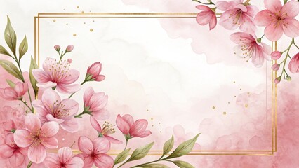 Elegant Watercolor Cherry Blossom Frame with Gold Accents for Invitations and Spring Designs