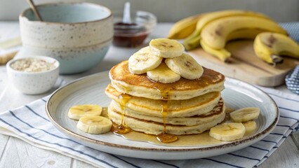 Stack of Pancakes Topped with Banana Slices and Syrup on a Plate for Breakfast