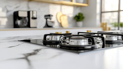 Obraz premium Luxury kitchen with marble countertop and black gas stove top centered surrounded by white cabinetry and gold shelving. Clean and bright kitchen background