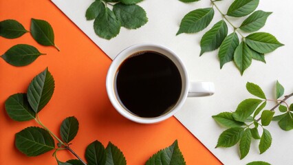 Minimalist Coffee Still Life with Green Leaves and Geometric Background for a Fresh Start