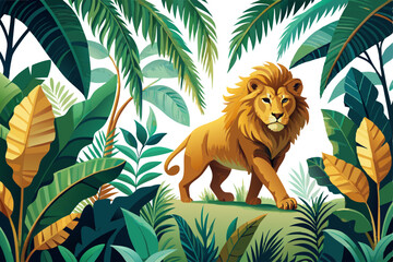 A lion walking near lush banana leaves and tropical plants, botanical seamless jungle border, white background. © Cartoon Maker 2