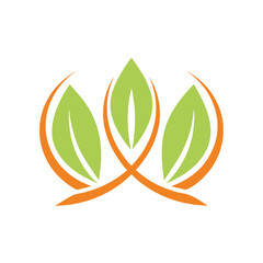 Three stylized green leaves framed by orange curves leaf nature