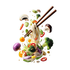 Noodle dish with vegetables and chopsticks in motion