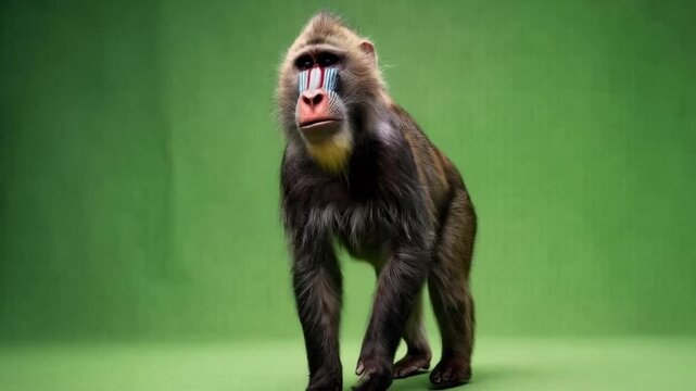 Mandrill walking forward on a green screen looking directly at the camera in studio shot green screen animal video