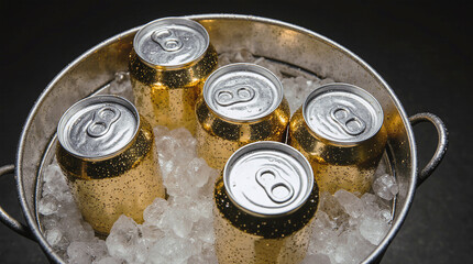Ice bucket with several beer or soda metal gold cans, aluminum canned drink or beverage