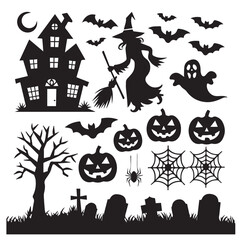 "Editable Halloween Silhouette Vector Set – Spooky Clipart of Witch, Pumpkin, Ghost, Bat, Cat & Haunted Elements . "trendy Halloween characters like witch, ghost, zombie, bat, pumpkin, haunted house.