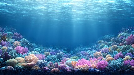 Vibrant coral reef under a bright blue ocean, sunlight filtering through clear water, creating a serene underwater scene
