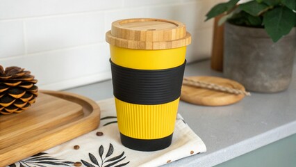 Reusable Yellow Coffee Cup with Bamboo Lid and Black Sleeve on Kitchen Counter