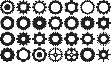 Gear Label and Badge Icon Set – Line Black Cogwheel Vector Collection for Vintage Design and Insignias