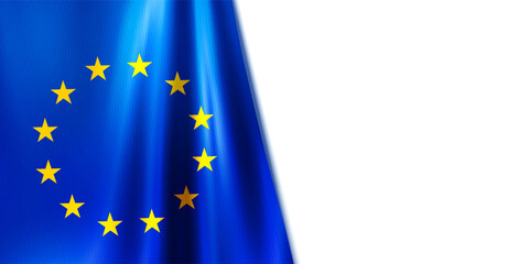 Realistic wavy European Union flag isolated on white background. Yellow EU stars in circle on blue flag. Symbol of Europe. 3d vector illustration