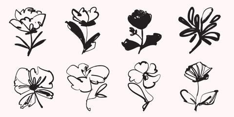 Hand Drawn Floral Silhouettes and Line Art Flowers Collection