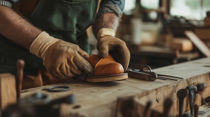 Craftsman meticulously restoring a leather shoe in a rustic workshop during the afternoon