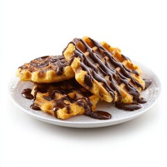 Waffles with chocolate syrup on a plate.