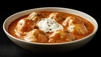 Bowl of dumplings in a rich sauce, topped with sour cream