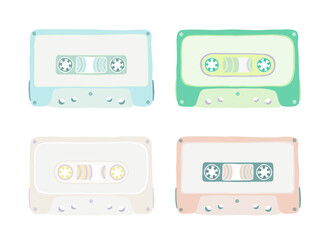 Set of illustrations of an audio cassette tapes with green, white, orange, blue colors and a cartoon cute flat design. Analog media for recording and listening to music.