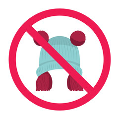 Forbidden sign with knitted hat icon, no hat sign, do not wearing a hat symbol, isolated on white background