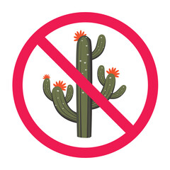 Forbidden sign with cactus tree icon, no cactus plant allowed sign, cactus prohibition symbol, isolated on white background