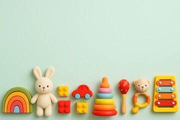 Obraz premium Row of Colorful Children’s Toys on Mint Green with Copy Space