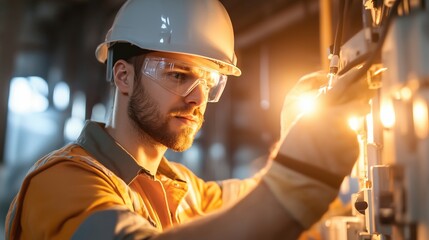 Electrical technician performs maintenance on control panel in industrial facility during evening hours