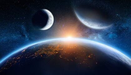 night sky with earth moon and sun in space