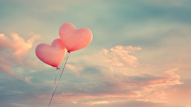 Two heart-shaped balloons gently floating in a pastel-colored sky, evoking romantic emotions with soft diffused light and dreamy atmosphere for love and celebration concepts
- Powered by Adobe