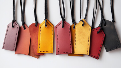 Minimalist leather tags hanging on black thread in warm colors - red, yellow, orange, brown, white background, simple, stylish, craftsmanship