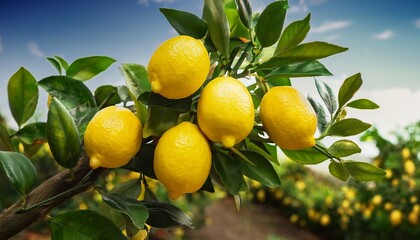 lemon fruits at the end of a lemon branch are so heavy that they are leaning down to the ground