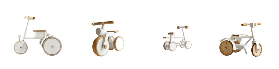 Set of wooden baby bikes isolated on transparent background
