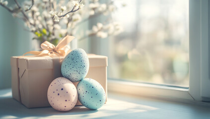 Pastel Easter eggs on table next to gift boxes near sunny window