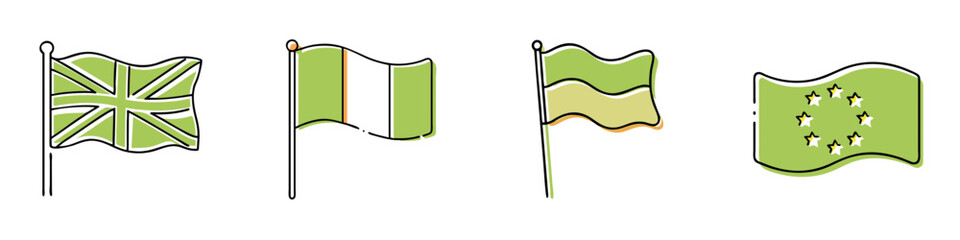 Set of various flags in green colors and simple line design  