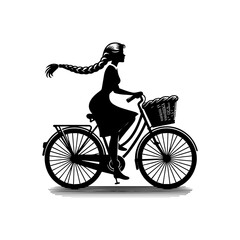 Obraz premium Silhouette of a woman with long braid riding a bicycle with a basket.
