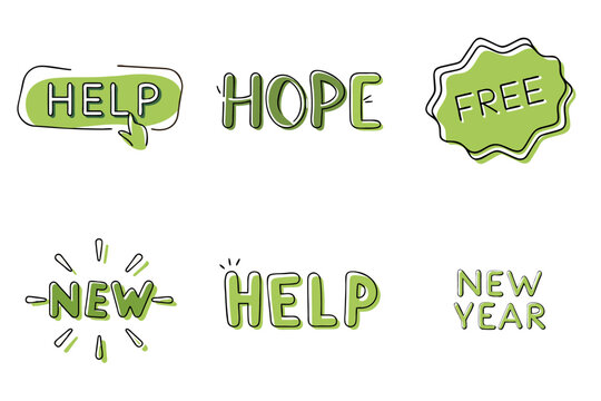 Hand-drawn green word signs featuring help, hope, free, and new year  