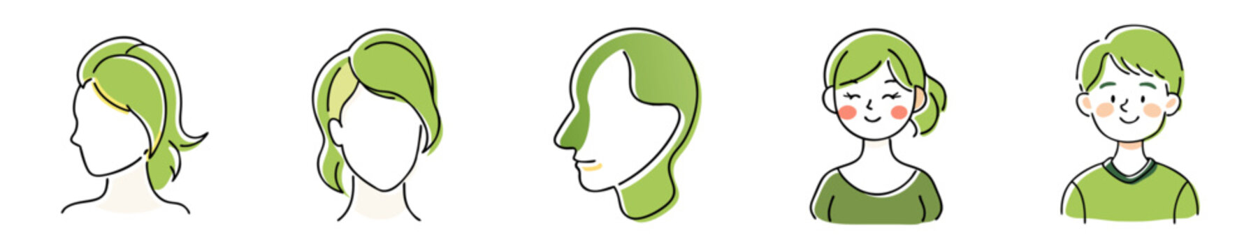Different faces of women and man in simple green style  