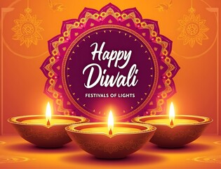 Three lit diyas and a decorative mandala for Happy Diwali celebration festival of lights