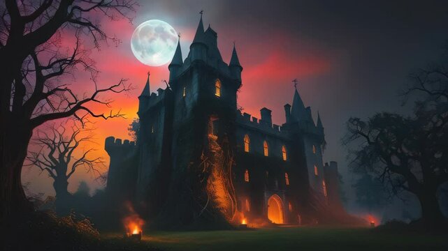 Spooky Gothic castle shrouded in darkness, set against a Halloween night, with eerie shadows and haunting atmosphere perfect for a chilling celebration.