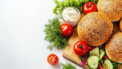 Freshly baked burger buns, topped with seeds, arranged with assorted toppings
