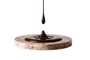 Melted chocolate drips onto a round marble plate
